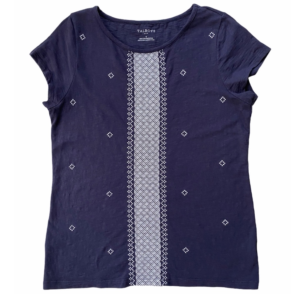 Talbots Cotton Navy Embroidered Short Sleeve S